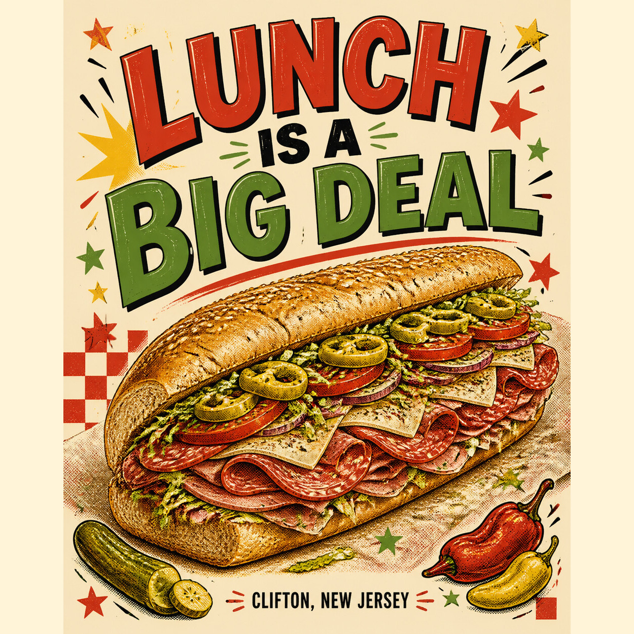 Vintage-style illustration of an enormous Italian sub with the words Lunch Is A Big Deal